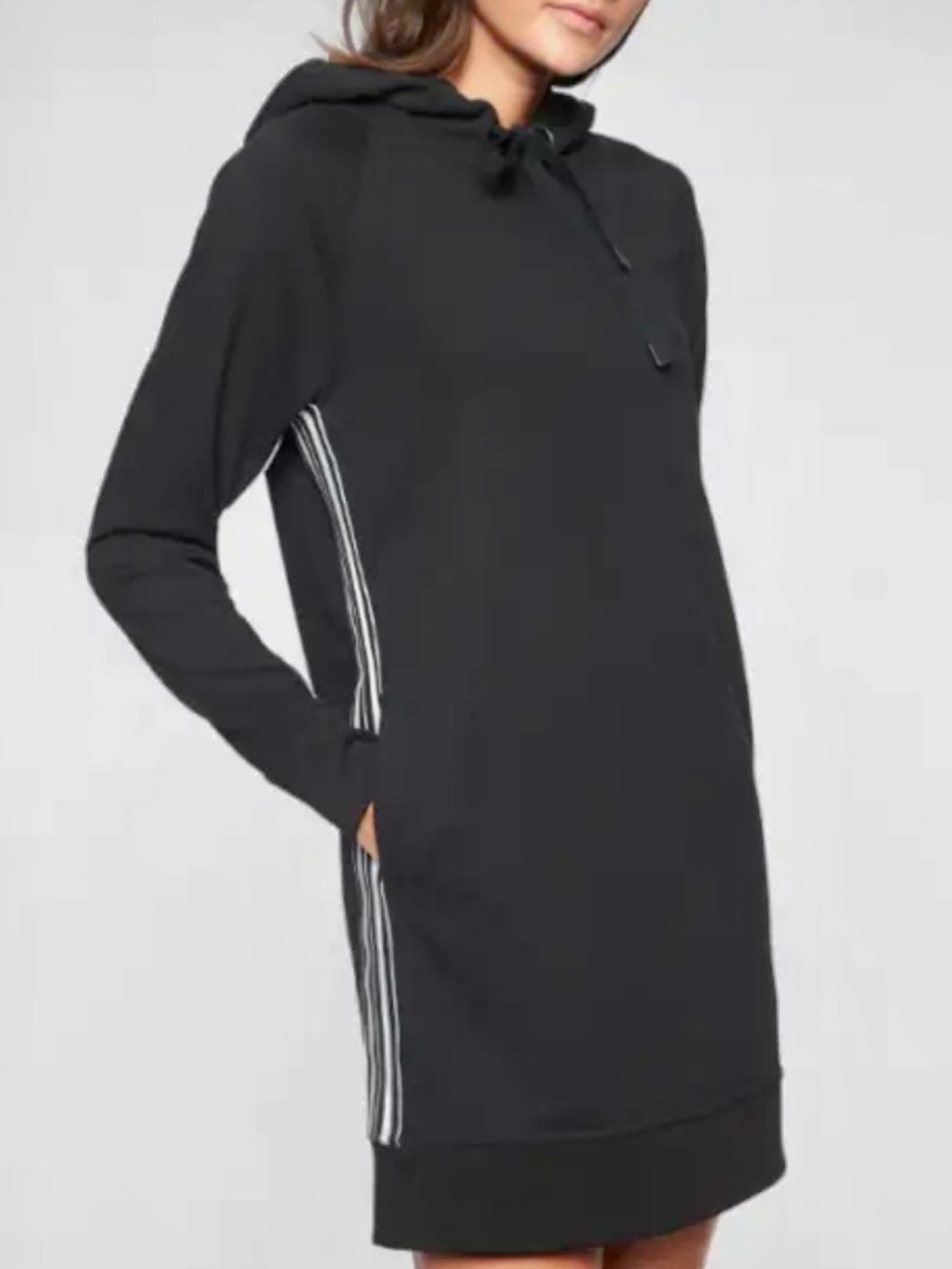 Athleta Olympia Hoodie Sweatshirt Dress with Side Stripe Black S